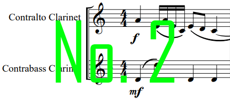 Image of a measure of music for contralto and contrabass clarinets. Green writing that reads "No. 2". Click this image to hear The ContraDuels Number 2