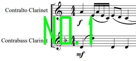 Image of a measure of music for contralto and contrabass clarinets. Green writing that reads "No. 1". Click this image to hear The ContraDuels Number 1